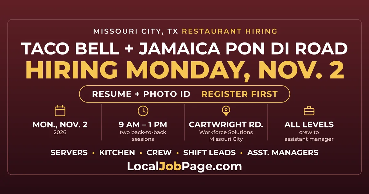 Taco Bell and Jamaica Pon Di Road Hiring Events Nov. 2 in Missouri City